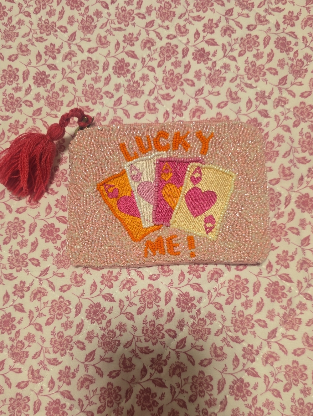 America And Beyond Beaded 'Lucky Me' Pink Card-Front Clutch Pouch